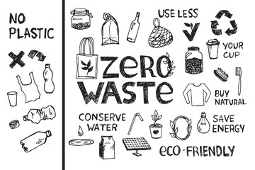 Drawing zero waste and ecological objects and elements. Eco friendly sketch of icons, symbols and signs.