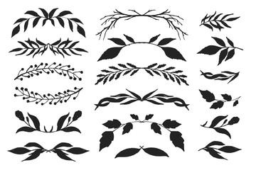 Drawing floral branches and leaves for decoration or design. Isolated floral frames, dividers and borders for your design.