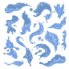 Drawing water liquid shapes and splashes isolated on the white background. Decorative fresh water blobs