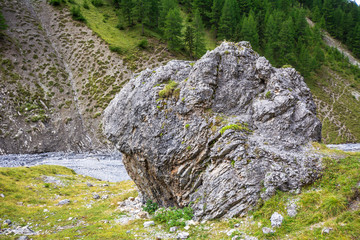 Der Findling zeigt geologisch interessante Gesteinsschichten.