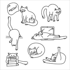 Drawing cats emotions isolated on the white background. Doodles of cat character in different moods and situations.