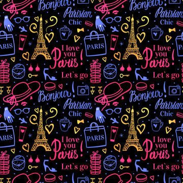 Vector Seamless pattern. Bright color illustration Shopping in Paris at night. Bonjour Lets go Travel Fashion. Dark background.
