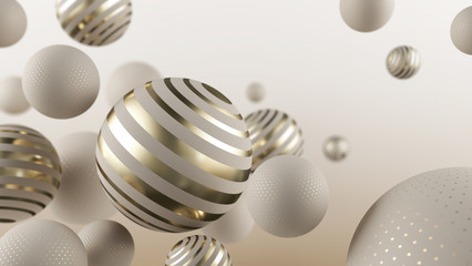 Flying gray and golden spheres. 3d illustration. Abstract background with 3d geometric shapes. Modern template design.