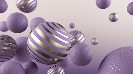 Flying purple and golden spheres. 3d illustration. Abstract background with 3d geometric shapes. Modern template design.