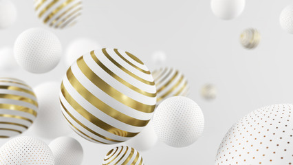 Flying white and golden spheres. 3d illustration. Abstract background with 3d geometric shapes. Modern template design.