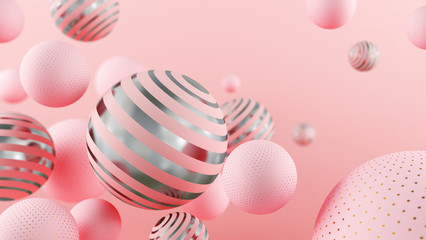 Flying pink and golden spheres. 3d illustration. Abstract background with 3d geometric shapes. Modern template design.