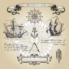 Set of decorative elements for the design of an old geographical map. Ancient caravel, sea monsters, anchor, ship's wheel, compass-meter, wind rose, framework for inscriptions, cartouche.