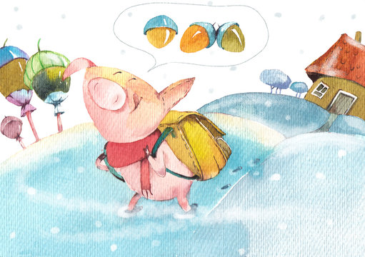 Happy pig goes to collect acorns