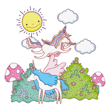 cute fairytale unicorns in the landscape