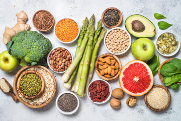 Superfoods, healthy food on light background. 