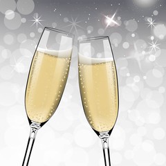 Vector Happy New Year with toasting glasses of champagne on white snow background in realistic style. Greeting card or party invitation with golden bright illustration.