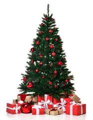 Christmas tree decorated with x-mas red patchwork ornament artificial balls craft presents gifts for new year 2019