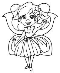 Illustration of happy little cartoon fairy with butterfly wings, on white background.