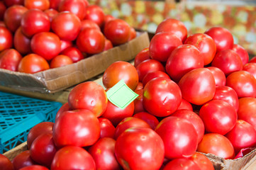 Fresh ripe tomatoes in a box for sale in the grocery shop
