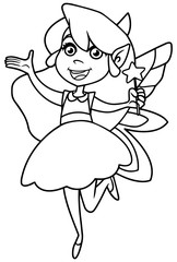 Line art illustration of happy little cartoon fairy, flying on white background.