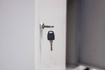 Concept of security. Metal locker storage of personal belongings in a public place or warehouse. close-up. selective focus