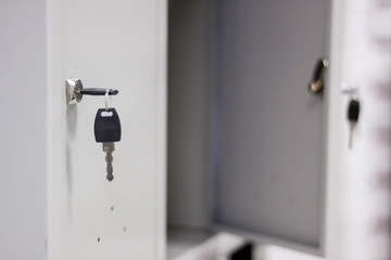 Concept of security. Metal locker storage of personal belongings in a public place or warehouse. close-up. selective focus