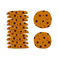 Cute cartoon style vector chocolate chips cookies set, collection isolated on white background.