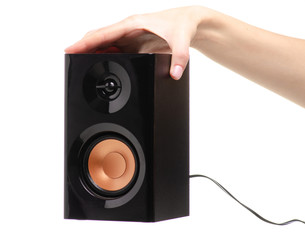 Sound speaker black in hand on a white background. Isolation