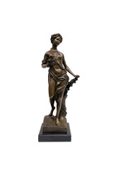 Antique statuette women from bronze on a stone pedestal on a white background. Isolated.