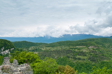 Fototapeta na wymiar View of the mountain valley. Caucasus mountains from a great height