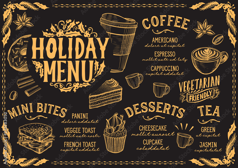 Wall mural Christmas menu template for coffee shop on blackboard.