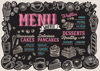 Waffle and pancake menu for restaurant with frame of hand-drawn fruits and sweets.