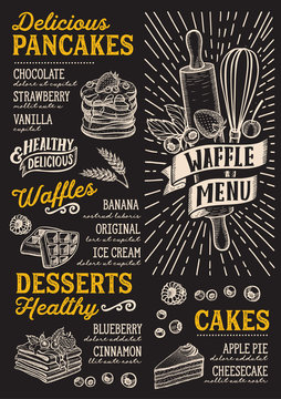 Waffle and pancake menu template for restaurant with doodle hand-drawn graphic.