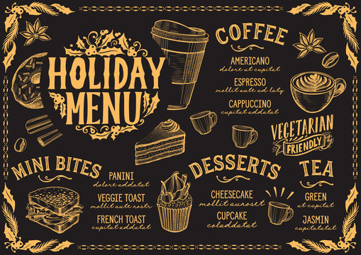Christmas menu template for coffee shop on blackboard.