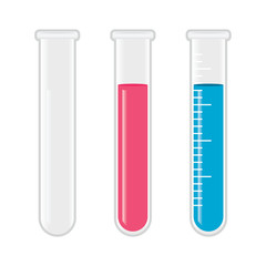 Chemistry flask tubes transparent empty and with pink and fluid
