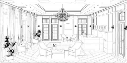 hall, hotel lobby, contour visualization, 3D illustration, sketch, outline