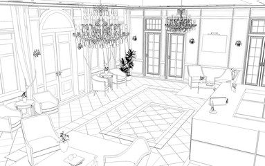 hall, hotel lobby, contour visualization, 3D illustration, sketch, outline