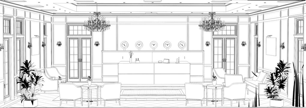 Sketch Interior Perspective Lobby, Black And White Interior Design. Stock  Photo, Picture and Royalty Free Image. Image 63916661.