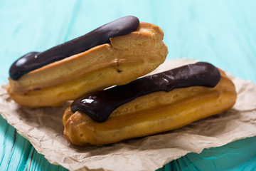 French dessert eclair with chocolate .
