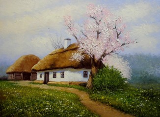 Oil paintings rural landscape. Old village, house, tree, flowers, spring. Fine art.