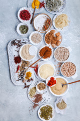 Group of plant based food diet vegan vegetarian dry grains, seeds condiments food 