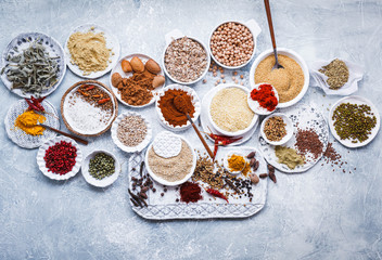 Group of plant based food diet vegan vegetarian dry grains, seeds condiments food 