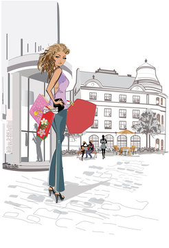 Fashion woman portrait with a shopping bag in the city. Hand drawn vector illustration.