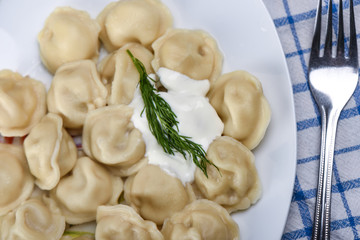 Top view. Hot dumplings with sour cream and dill. 