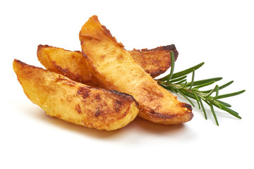 Portion of fresh baked Potato Wedges with herbs, isolated on a white background. Close-up