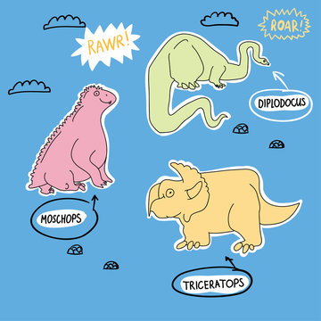 Cute and funny dino set. Dino characters vector set. Dinosaurus illustrations with inscriptions isolated on background.  Illustration elements for kids, girls, boys, fashion clothes	