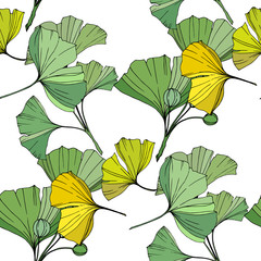 Vector. Green and yellow ginkgo leaf. Seamless background pattern. Fabric wallpaper print texture on white background.