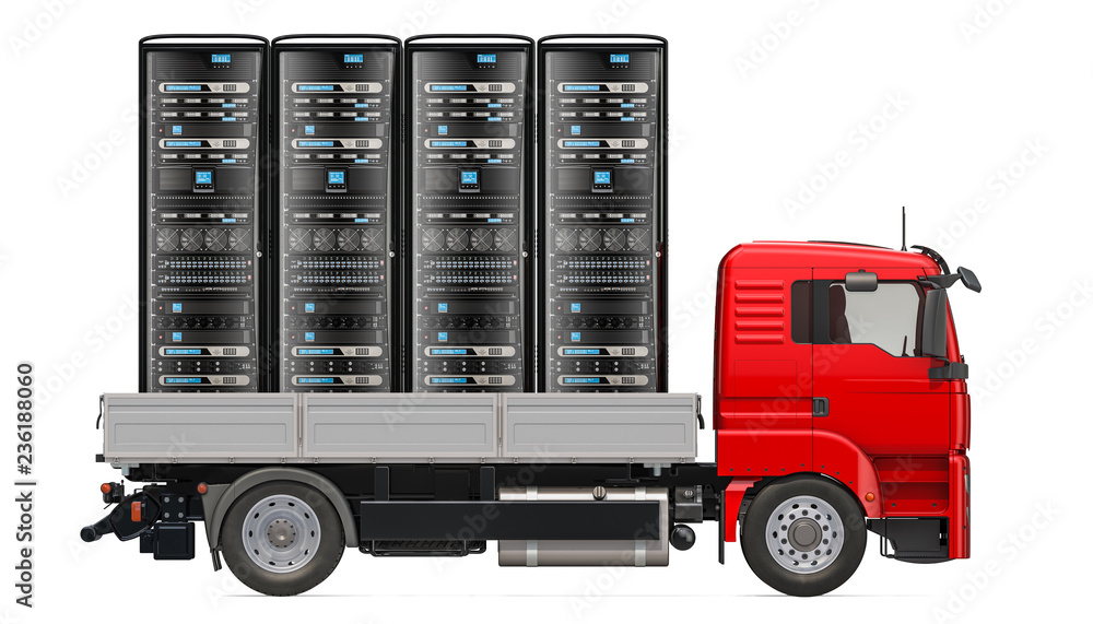 Poster truck with computer server racks, delivery concept. 3d rendering