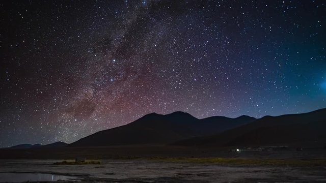 4k Timelapse movie film clip of Universe galaxy milky way time lapse. Red Lagoon Laguna Colorada. nature blue, dark milky way, galaxy view, star lines, timelapse night sky stars milky way on mountains