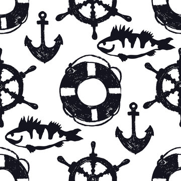 Ship's wheel, lifebuoy, fish and anchor Seamless pattern Sketch style