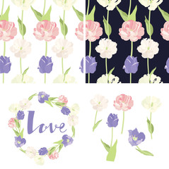 Pink and lilac tulips Seamless pattern Frame and isolated objects