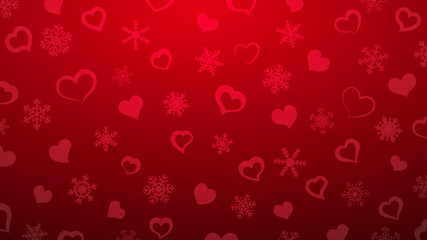 Background of snowflakes and small hearts, in red colors