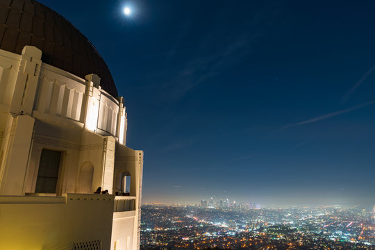 a long exposure shot from the deck of the Griffith Observatory in Los Angeles, California at night