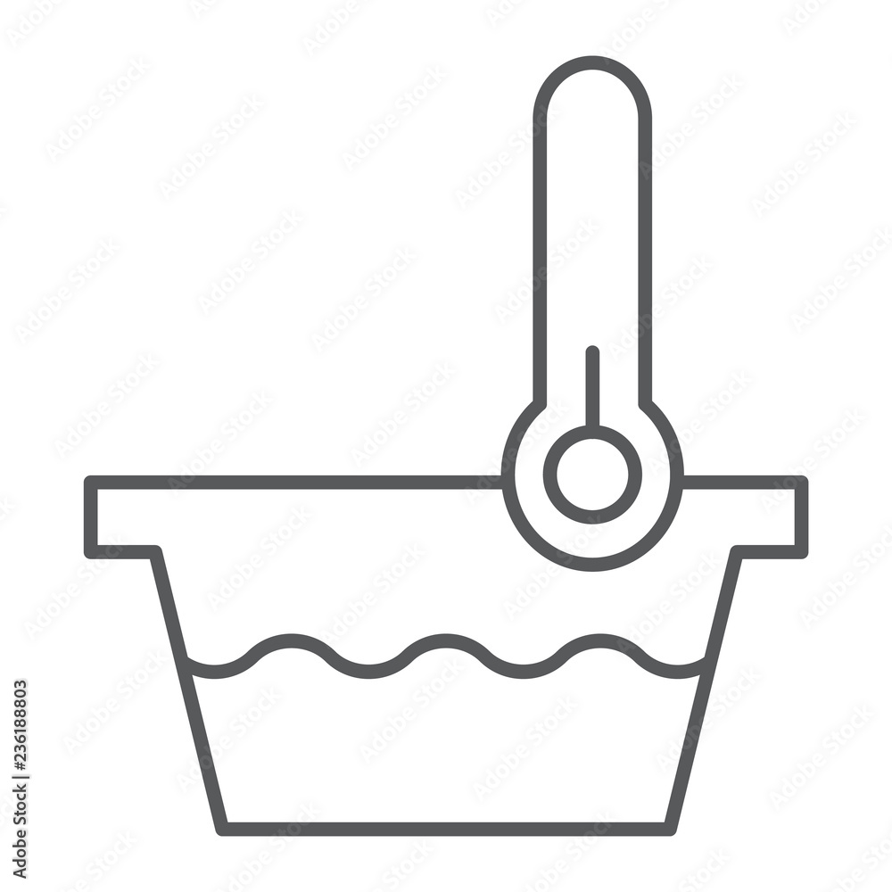 Poster Low temperature thin line icon, indicator and wash, thermometer and basin sign, vector graphics, a linear pattern on a white background.