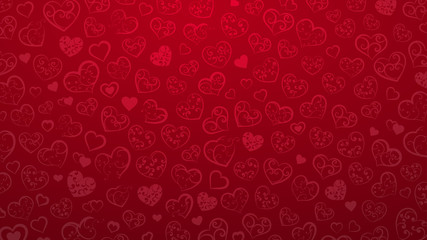 Background of small hearts with ornament of curls, in red colors